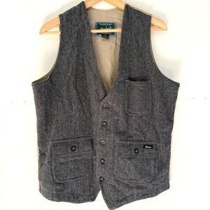 Woolrich Mens M Herringbone Wool Blend Vest Brown Tan Pockets V-Neck Outdoor